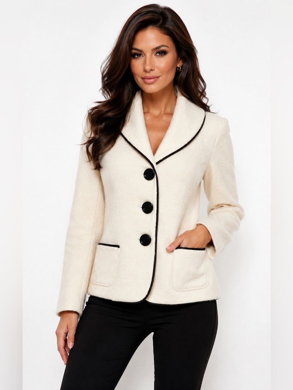 Dialogue Wool Blend Blazer Jacket Women’s M Cream Black Trim Career Classic